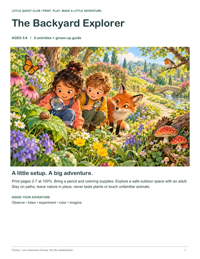 The Backyard Explorer — Actual pages from the pack